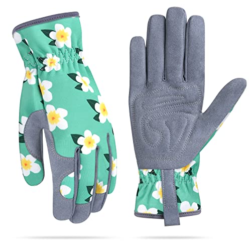Womens Gardening Weeding Working Gloves, Leather Garden Glove for Women Thorn Proof No Stab for Digging, Planting,Pruning - color: Green-medium