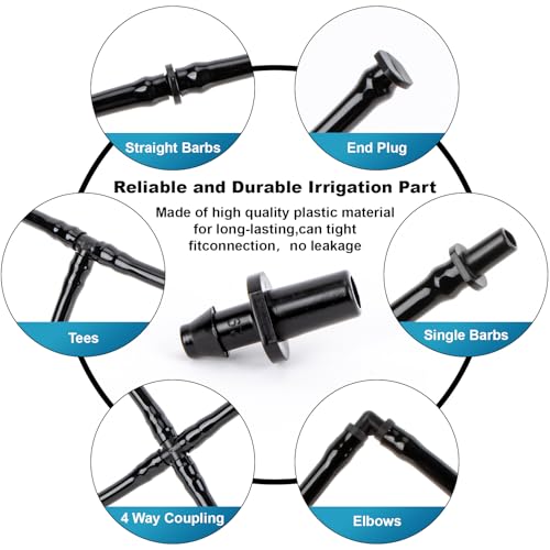 RAINFLOW Drip Irrigation Fittings Kit 1/4 Inch – Barbed Connectors, Tees, Elbows, End Plugs and Couplings, Tool-Free Drip Irrigation Parts for Garden, Greenhouse and Lawn Watering Systems