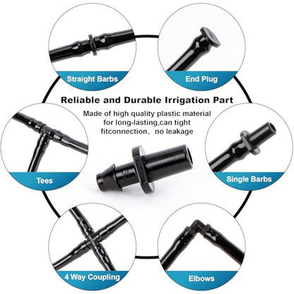 RAINFLOW Drip Irrigation Fittings Kit 1/4 Inch – Barbed Connectors, Tees, Elbows, End Plugs and Couplings, Tool-Free Drip Irrigation Parts for Garden, Greenhouse and Lawn Watering Systems