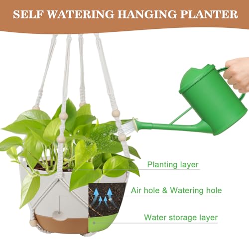 3 Pack Hanging Pot for Indoor Plants, 10inch Self-Watering Hanging Planter, Macrame Plant Hanger with Pot, Metal Chain, S & Ceiling Hooks, Removable Saucer and Drainage Holes for Garden Home - White - color: White