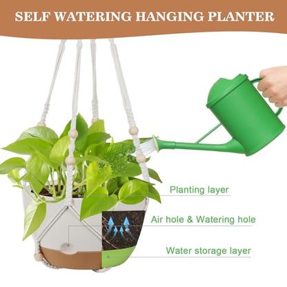 3 Pack Hanging Pot for Indoor Plants, 10inch Self-Watering Hanging Planter, Macrame Plant Hanger with Pot, Metal Chain, S & Ceiling Hooks, Removable Saucer and Drainage Holes for Garden Home - White - color: White