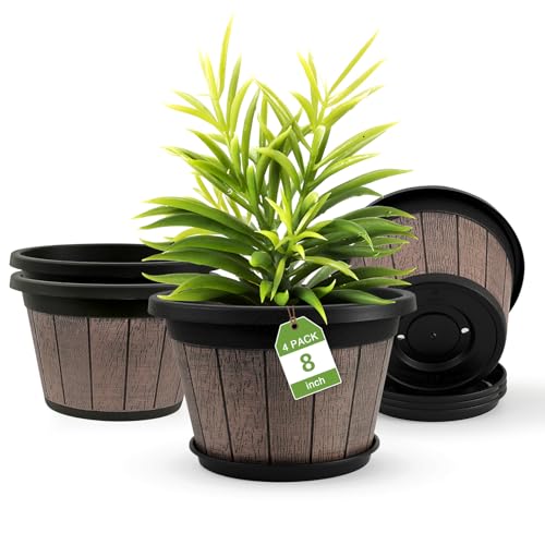 Quarut 4 Pack 8 inch Pots for Plants,Upgrade Whiskey Barrel Planters - size: 8 inch