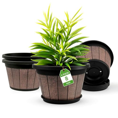 Quarut 4 Pack 8 inch Pots for Plants,Upgrade Whiskey Barrel Planters - size: 8 inch