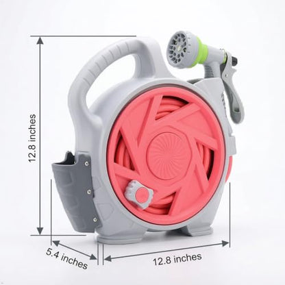 mini portable garden pipe cart, adjustable spray gun with 6 different gears, suitable for various faucets, portable water pipe truck can be used for car washing, watering plants (Pink)