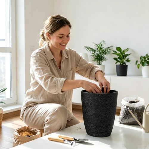 10 Inch Garden Planter Lightweight Indoor Outdoor Pots with Drainage Hole for Potted Plants Flowers Greenery, Set of 2, Black Grain Texture - color: Black Grain Texture
