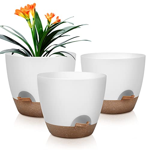 QRRICA Plant Pots 10/9/8 Inch Self Watering Pots, Set of 3 Plastic Planters with Drainage Holes and Saucers,Plastic Flower Pots,Nursery Planting Pot for Indoor Out Door Plants（White） - color: White, size: 10/9/8 inch