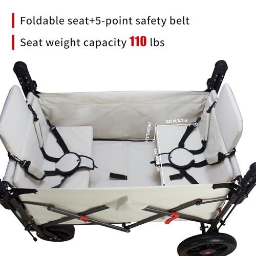 TMZ Collapsible Wagon with 2 Foldable Seats, Folding Wagon with Canopy, Multi Functional Cart with Adjustable Handle Bar, Front Expandable for Transport Camping (Beige) - color: Beige