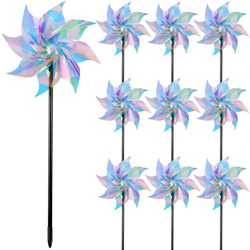 Hausse 10 Pack Reflective Pinwheels Wind Spinner (Assembly Required), Sparkly Pinwheel with Stakes, Bird Repellent Blinder Devices Scare Birds Away from Yard Patio Farm Garden, Transparent Rainbow - color: Transparent Rainbow