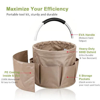 Cleaning Supply Caddy, 17L Foldable Cleaning Caddy with Handle and 6 Pockets, 600D Oxford Fabric Portable Shower Caddy, Bucket Bag for Cleaning Products, Camping, Khaki - color: Khaki