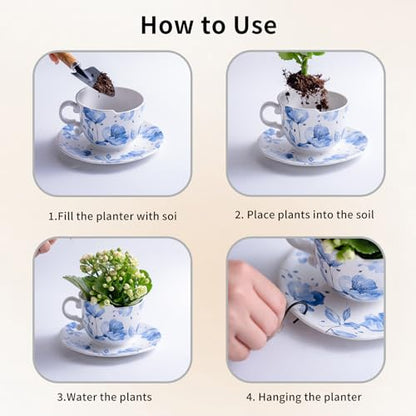 TEATALK Hanging Planters for Indoor Plants, Ceramic Pots with Drainage Hole, 6.3 Inch Hanging Planter with Chain, Outdoor Hanging Baskets for Plants, Blue Flowers, Cup Shape - style: Blue Flower