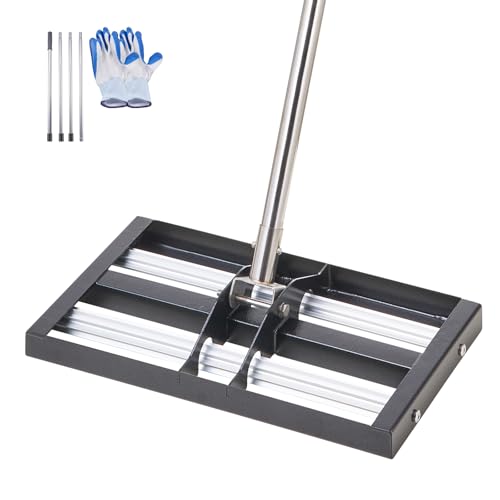 VEVOR Lawn Leveling Rake, Lawn Leveler with 63.4 in Adjustable Handle, 17x10 in Ground Plate, Heavy Duty & Rust-Resistant Metal Soil Leveler, Effort Saving Lawn Leveling Tool for Yard Golf Court - size: 17x10 in, style: with Roller: Stainless Steel