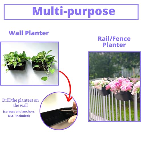LaLaGreen Outdoor Plants Rail Planter (11.2 Inch, 8 Pack) Black Metal Iron Hanging Flower Pots Deck Railings Fence Buckets Modern Garden Boho Style Wall Mount Window Box Plant Holder Hooks Porch Decor - size: 11.2" (28cm) x 8 Pack