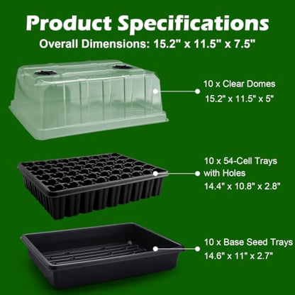10-Pack Seed Starter Trays with 5" Tall Humidity Domes & 54-Cell Deep Trays - size: 10p Trays+Domes+54 Cells