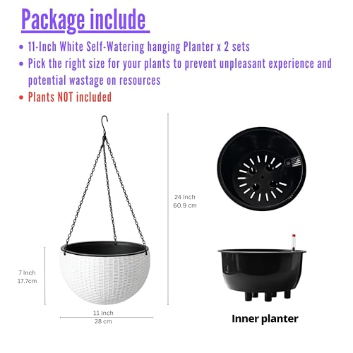 LaLaGreen Hanging Pots for Indoor (11in, 2 Pack) Self-Watering Plant Holder - color: White X 2 Pack