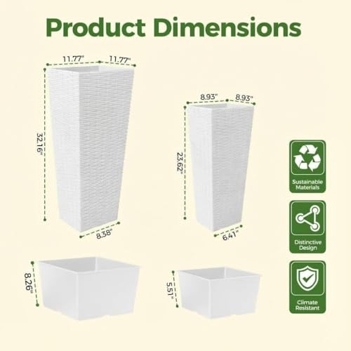 32 Inch Tall Outdoor Planters with Rattan Texture - Set of 2, Large Flower Pots for Patio, Garden, Indoor & Outdoor Use, with Removable Inner Pot & Drainage Holes - color: White, size: 32inch