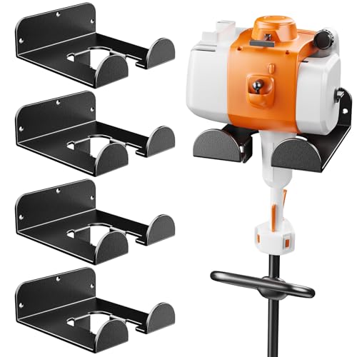POKIPO Weedeater Hanger, 4 Pack Grass String Trimmer Rack, Heavy Duty Metal Weed Eater Holder Wall Mount Save Space, Garden Storage and Organize Most Tools Rack Loads 25lbs, Utility Hooks for Garage - color: Black, size: 4 Pack