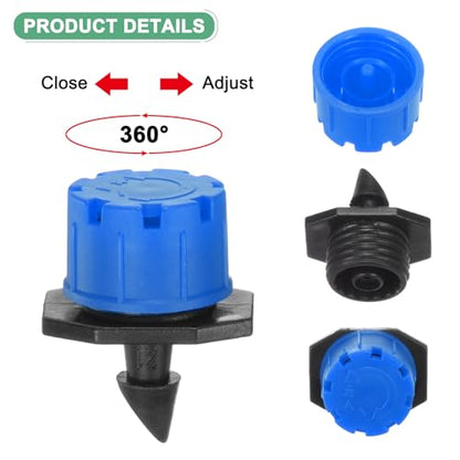 M METERXITY 100-Pack 360 Degree Adjustable Irrigation Dripper, 1/4 Inch Barbed Emitter Drip Sprinklers for Garden/Greenhouse/Flower Bed/Watering System, Anti-Clogging Emitters [Blue] - color: Blue
