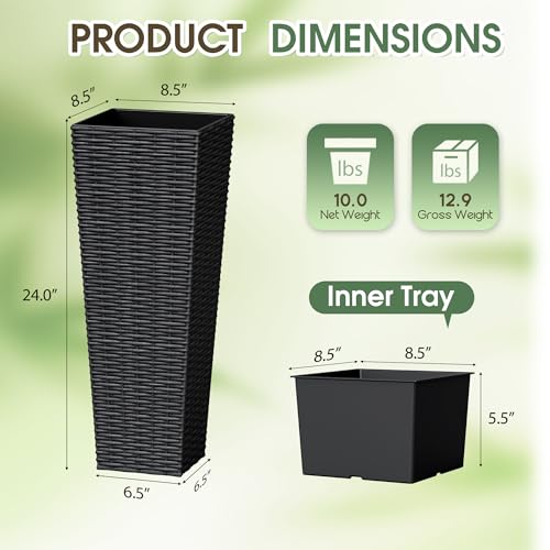 Greesum 23 Inch Tall Plastic Planters with Rattan Texture – Set of 2, Black - color: Black, size: 24" without Tray