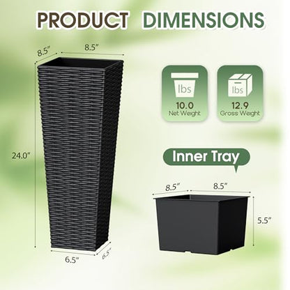 Greesum 23 Inch Tall Plastic Planters with Rattan Texture – Set of 2, Black - color: Black, size: 24" without Tray