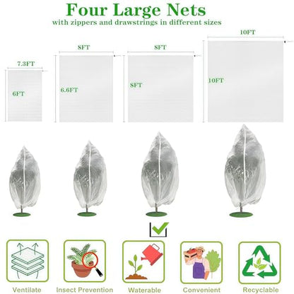 Drawstring & Zipper Fruit Tree Netting Cover - (4 Pack 8×6.6FT) - Reusable Bird Netting for Blueberry Bushes, Anti-Cicada/Deer/Squirrel Large Plant Protection Net - size: 8×6.6 ft