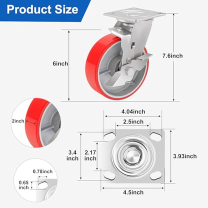 Nefish 6 Inch Industrial Casters Set of 4 Heavy Duty No Noise Polyurethane Wheel on Steel Hub, Workbench Casters with Brakes 4800 Lbs, Plate Swivel Casters for Toolbox Workbench (4 Swivel & Brakes) - size: 6 IN （Brake）