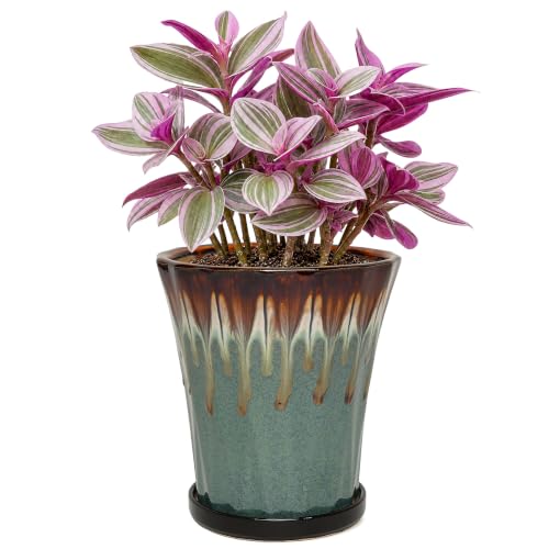 6.6 Inch Ceramic Planters with Drainage Hole and Saucer,Indoor Outdoor Large Flower Pots, Garden Pot for Plant Lovers (Drip Blue) - color: Drip Blue, size: 6.6 Inch