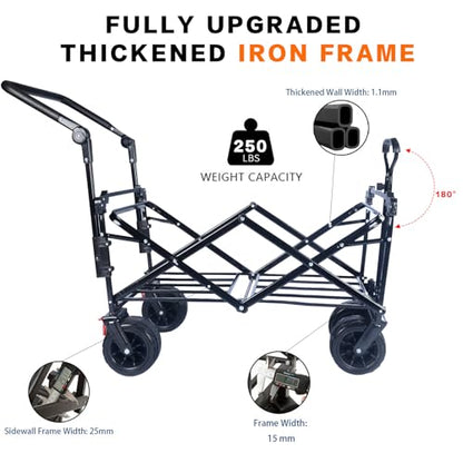 Foldable Wagon with Removable Canopy & Cooler Bag - Heavy Duty Collapsible Wagon Utility Cart with 4" All-Terrain Wheels for Camping, Beach, Garden - color: Black-plus