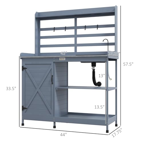 Wooden Potting Bench, Outdoor Potting Table with Storage Cabinet, Storage Shelves, Sink, Water Tap, Wood Table Top for Backyard, Patio, Balcony, Gray