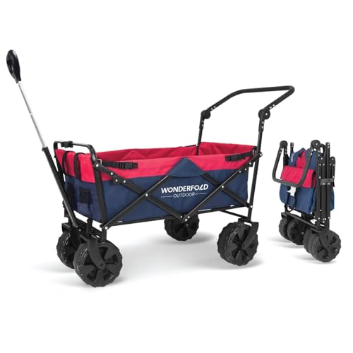 WONDERFOLD S2 Push & Pull Folding Utility Cart with Wide Beach Tires, Adjustable Push Handle, Telescopic Pull Handle with Spring Bounce Technology & Storage Pouch, Navy/Red - color: Navy/Red.