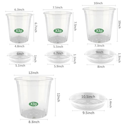 BTPLASTIK 0.5/1/2.5/3.5 Gallon Clear Nursery Pots with Saucers 4 Size Set 12P, Round Plastic Plant Pots with Drainage Holes - size: 0.5/1/2.5/3.5 Gallon + Saucers 12P