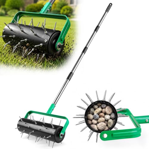 15" Rolling Lawn Aerator, Heavy Duty Push Spike Aeration Tool with 42 Spikes, Filled Pull Behind Garden Drum Roller with 71" Adjustable Handle, Soil Penetrator Push Lawn Aeration for Garden Yard Farm