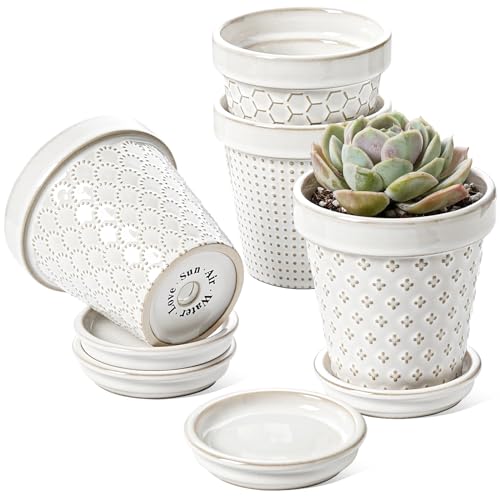 LE TAUCI Ceramic Succulent Pots, 4 Inch Small Plant Pot for Indoor Plant Cactus, Embossed Flower Pots with Drainage Hole & Saucer - Set of 4, Arctic White - size: 4 inch
