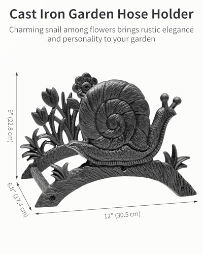 Cast Iron Garden Hose Holder Wall Mount, Rustic Heavy Duty Water Hose Hanger Storage Rack, Decorative Vintage Hose Reel Organizer for Outside Garden Yard Patio, Snail and Floral Design