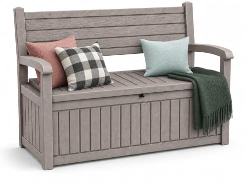 EasyUp 100 Gallon Wood-Grain Storage Bench, Waterproof & Lockable，Beige - color: Beige, size: 100 Gallon