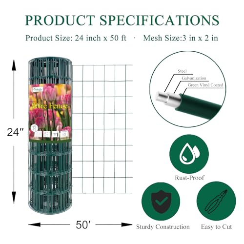Green PVC Coated Welded Wire Fence 24" x 50' Roll, 2"x3" Mesh, 16 Gauge - color: Green, size: 2''x3'' 16GA 24''x50'