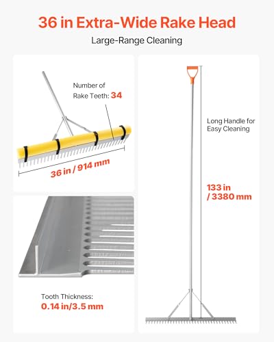 VEVOR Landscape Rake, 36 inch Wide Head 102 inch Handle, Large Heavy Duty Aluminum Landscaping Leaf Rake Tool, Asphalt Level for Loosening Soil, Garden & Yard, Pond Gravel & Beach Lawn Care, 52ft Rope - size: 102 inch