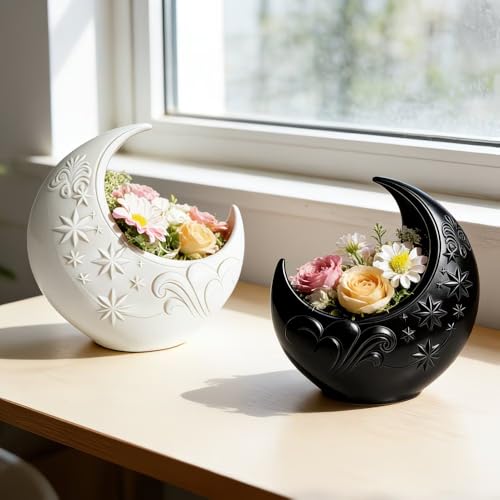 3D Printed Crescent Moon Shaped Planter Starry Sky Embossed Design Decorative Plant Pot for Small Succulents Indoor Houseplants Desktop Planter Container (Black) - color: Black