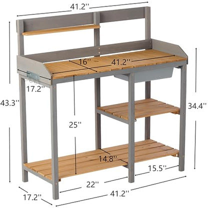 42'' Outdoor Potting Bench with Storage Cabinet Heavy Duty Planting Station Garden Work Table Seed Starting Wooden Workstation Spacious Work Surface for Backyard Balcony Brown and Gray