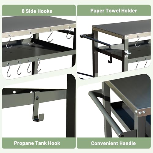 Domi 3-Shelf Outdoor Grill Table, Grill Cart Outdoor with Wheels, Pizza Oven and Food Prep Table, Blackstone with Stainless Steel Tabletop, BBQ Stand for Blackstone Griddle for Outside BBQ - style: Stainless Steel Tabletop+Solid Shelf