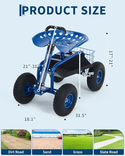 Garvee Heavy Duty Garden Workseat, Garden Scooter Rolling Seat 360° Swivel - color: Blue