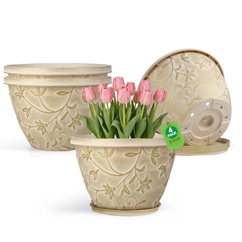 Nooulap 8 Inch Plant Pot, Beige Flower pots, 4 Pack - color: Beige, size: 8 inch