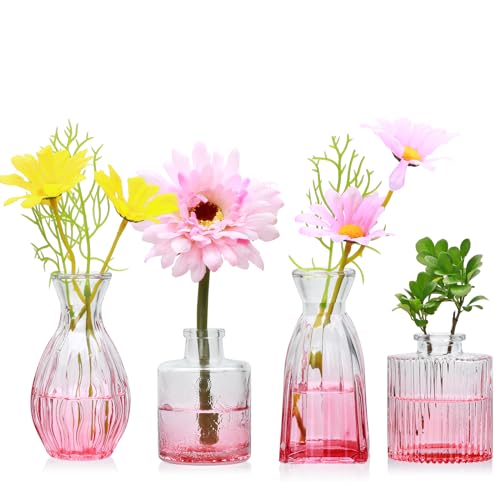 Glass Bud Vases Set of 4, Small Pink Flower Vases for Wedding Centerpieces - color: Pink