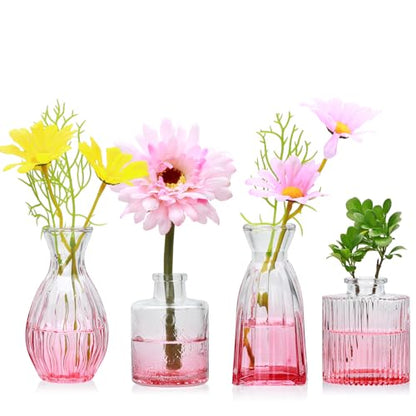 Glass Bud Vases Set of 4, Small Pink Flower Vases for Wedding Centerpieces - color: Pink