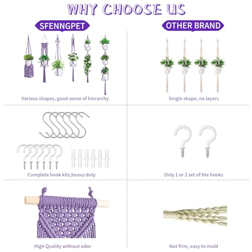 SFENNGPET Macrame Plant Hangers, 6Pack Hanging Planters for Indoor Plants - color: Purple