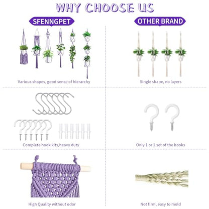 SFENNGPET Macrame Plant Hangers, 6Pack Hanging Planters for Indoor Plants - color: Purple