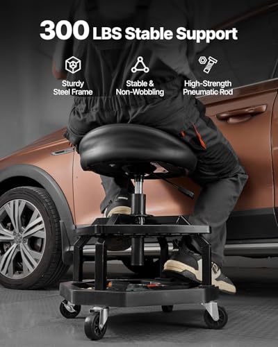 VEVOR Industrial Black Pneumatic Garage Seat/Work Stool with 300 lbs Capacity, Adjustable Height Roller Creeper Seat, 360 Swivel Padded Workshop Stool with Casters, for Garage, Shop & Auto Repair