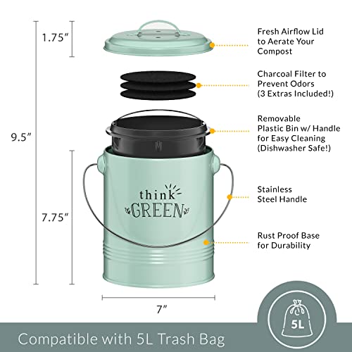 Barnyard Designs 1.2 Gallon Kitchen Counter Compost Bin with Lid (Mint) - color: Mint