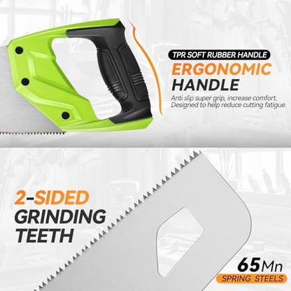 Auto Dynasty 17" Wood Handsaw Hand Cuts Hardpoint Hand Saw Fine-Cut with Non-Slip Comfort Grip for Sawing, Trimming, Gardening, Cutting Wood, Drywall, Plastic Pipes, Sharp Blade, Green - style: 17" Hand Saw