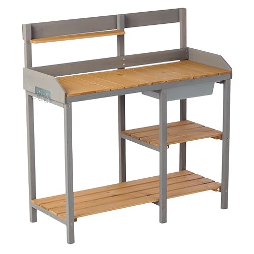 42'' Outdoor Potting Bench with Storage Cabinet Heavy Duty Planting Station Garden Work Table Seed Starting Wooden Workstation Spacious Work Surface for Backyard Balcony Brown and Gray