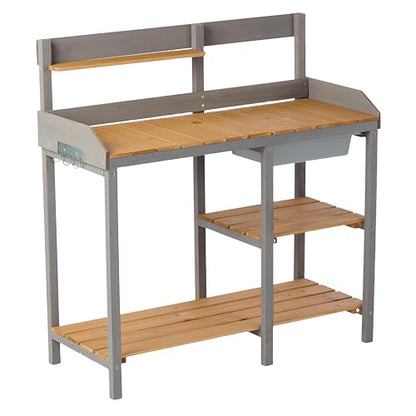 42'' Outdoor Potting Bench with Storage Cabinet Heavy Duty Planting Station Garden Work Table Seed Starting Wooden Workstation Spacious Work Surface for Backyard Balcony Brown and Gray